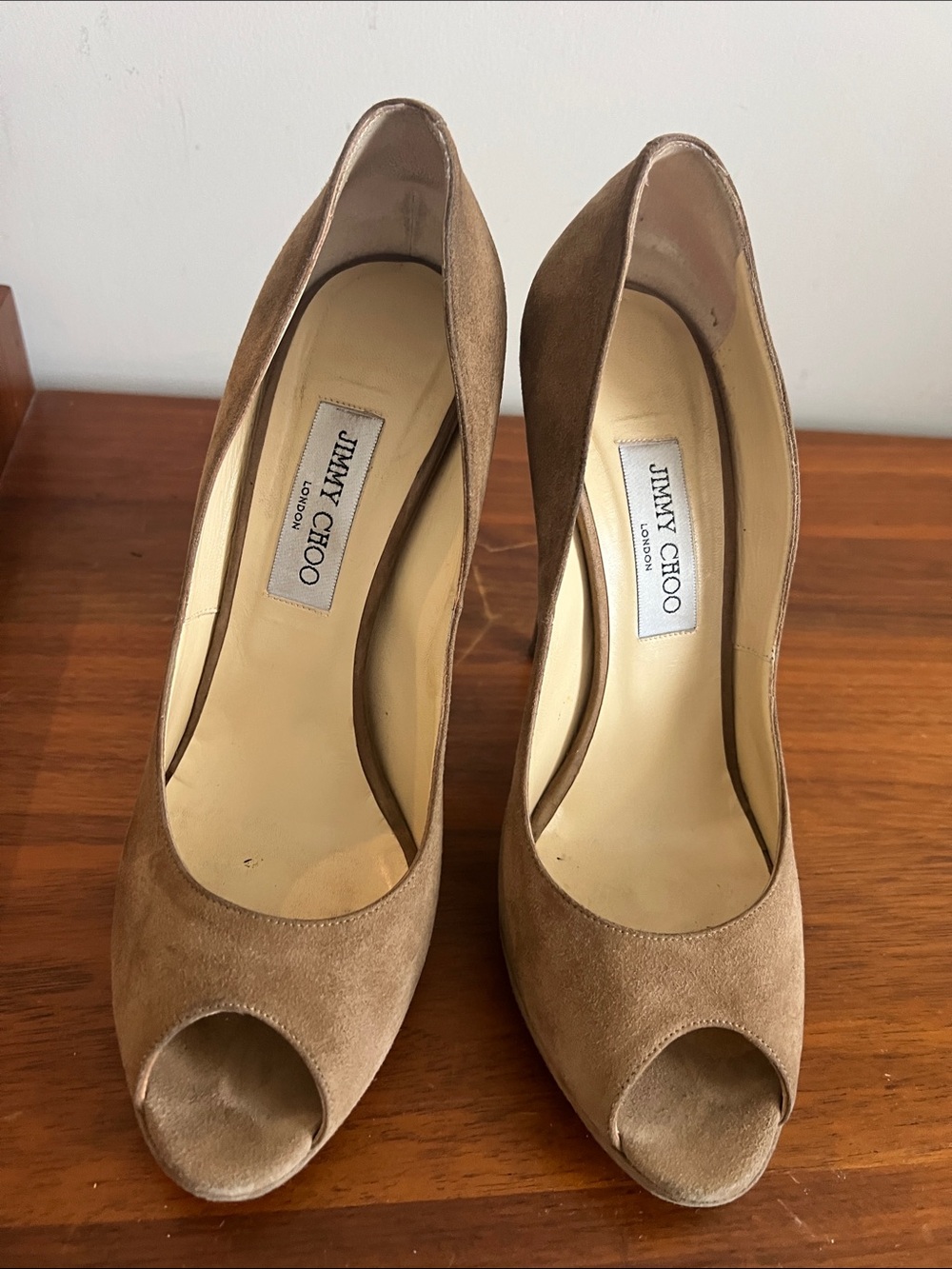 Jimmy Choo Tan/Nude/Taupe Suede Peep-Toe Pumps, platform